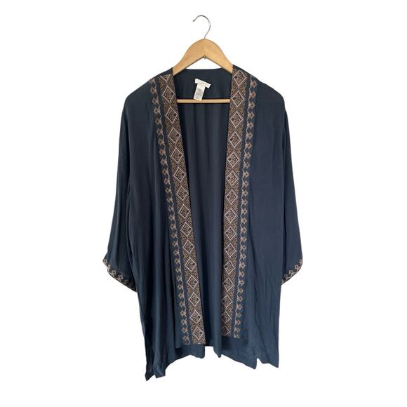 J Jill Womens Cardigan Kimono One Size Open Embroidered Boho Blue Beach Gauzy - Picture 1 of 5